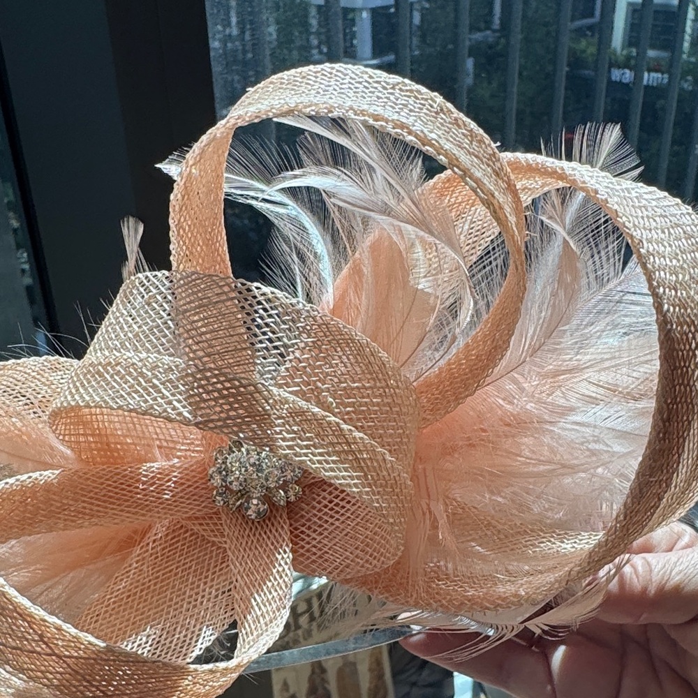 Peach Fascinator with Feathers handmade in London. - Picture 5 of 7